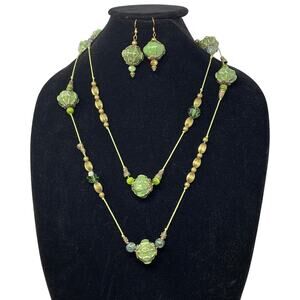 Handmade Artisan Beaded Long Necklace + Earring Set Green Gold Tone Metal